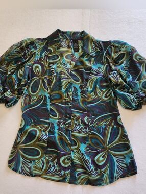 Bisou Bisou Teal, Olive & Purple Abstract Floral Puff-Sleeve Blouse Size Medium